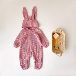 3M-3Y Bunny Ear Texture Vintage Solid Color Onesies Romper Jumpsuit Baby  Clothing   