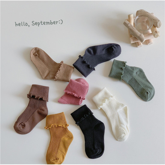 1-8Years Retro-Colored  Stacked Socks Double-Needle Wood Ear Socks  Accessories   