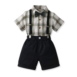 18M-7Y Toddler Boys Suit Sets Plaid Bowtie Shirts & Suspender Shorts  Boys Clothes   