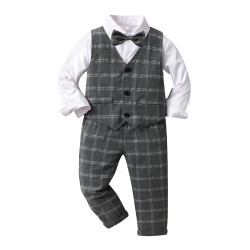 9M-6Y Toddler Boys Gray Plaid Vest Gentleman Three Piece Suit  Boys Clothing   