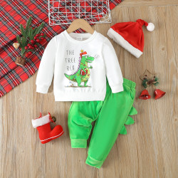 9M-4Y Toddler Boys Christmas Sets Cartoon Dinosaur Print Sweatshirt Trousers Hats  Boys Clothing   
