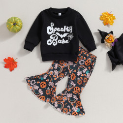 9M-4Y Halloween Toddler Lettered Long Sleeve Sweatshirt Flared Pants Set  Girls Clothes   
