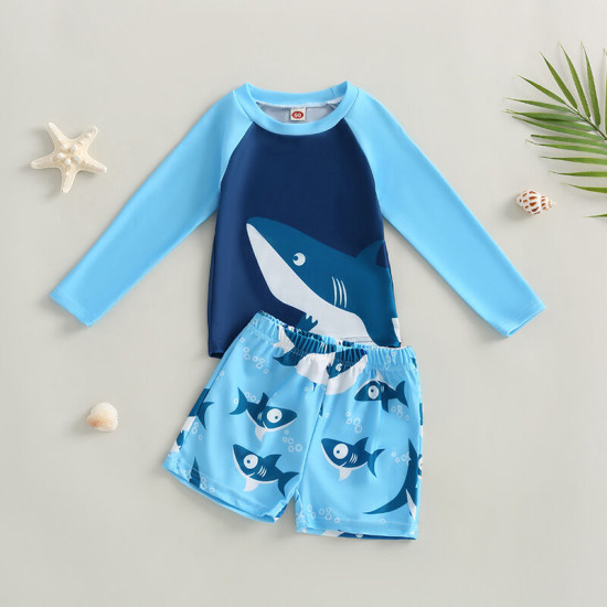 18M-6Y Toddler Boy Swimwear & Beachwear Sets Long-Sleeved Shark Print Top And Shorts  Boys Clothes   