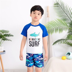 4-8Y Shark Animal Letter Print Colorblock Tops And Shorts Set Swimwear  Kids Boutique Clothing  