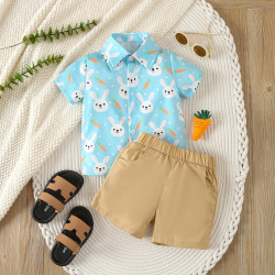 9M-4Y Toddler Boys Easter Cartoon Rabbit Print Shirt And Shorts  Boys Clothing   