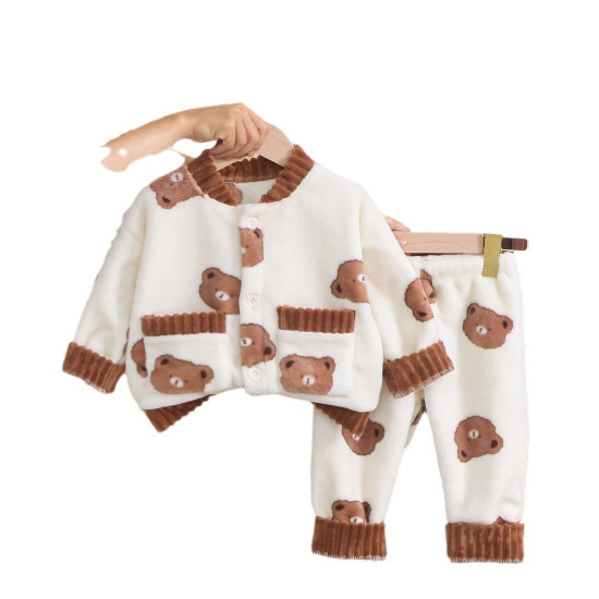 9M-6Y Toddler Boys Cartoon Bear Flannel Pajamas Two Piece Set Cardigan And Pants  Boys Clothes   