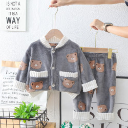 9M-6Y Toddler Boys Cartoon Bear Flannel Pajamas Two Piece Set Cardigan And Pants  Boys Clothes   