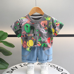 12M-5Y Toddler Boys Sets Fully Printed Cartoon Animal T-Shirts & Jeans  Girls Clothes   