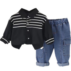 12M-5Y Toddler Boys Sets Lapel Striped Shirts And Jeans  Girls Clothes   