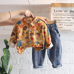 12M-5Y Toddler Boys Sets Lapel Cartoon Shirts And Jeans  Girls Clothes   