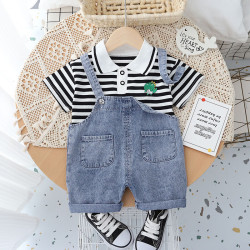 12M-5Y Toddler Boys Sets Striped Polo Shirts And Suspender Jeans  Girls Clothes   