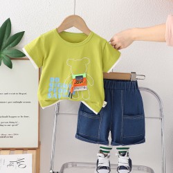 12M-4Y Toddler Boys Cartoon Shorts Sleeve Tops Denim Shorts Two-Piece Set  Boys Clothing   