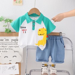 12M-4Y Toddler Boys Dinosaur Print Polo Shirts Denim Shorts Set  Boys Clothing   