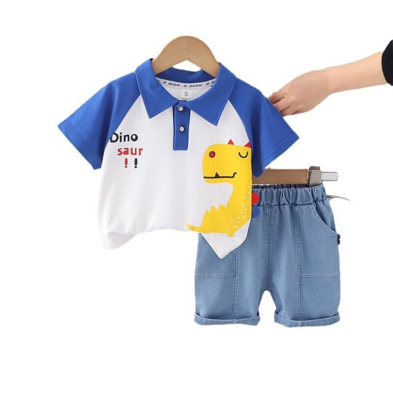 12M-4Y Toddler Boys Dinosaur Print Polo Shirts Denim Shorts Set  Boys Clothing   