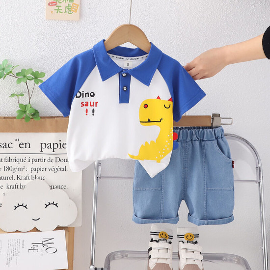 12M-4Y Toddler Boys Dinosaur Print Polo Shirts Denim Shorts Set  Boys Clothing   